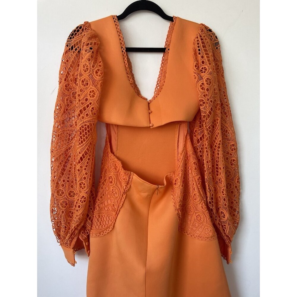 ASOS DESIGN Orange Puff Sleeve Broderie Midi Skater Dress Ruched Bodice NWOT - Picture 7 of 8